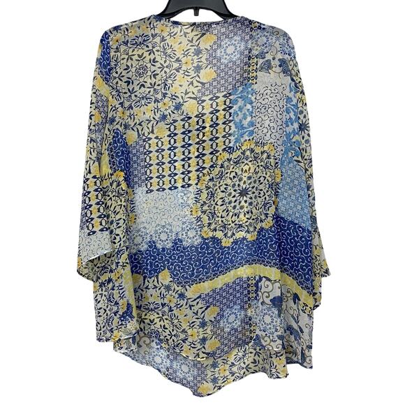One World Live and Let Live Blouse Plus Sz 3X Blue Yellow Sheer 3/4 Sleeve Boho - Picture 2 of 12